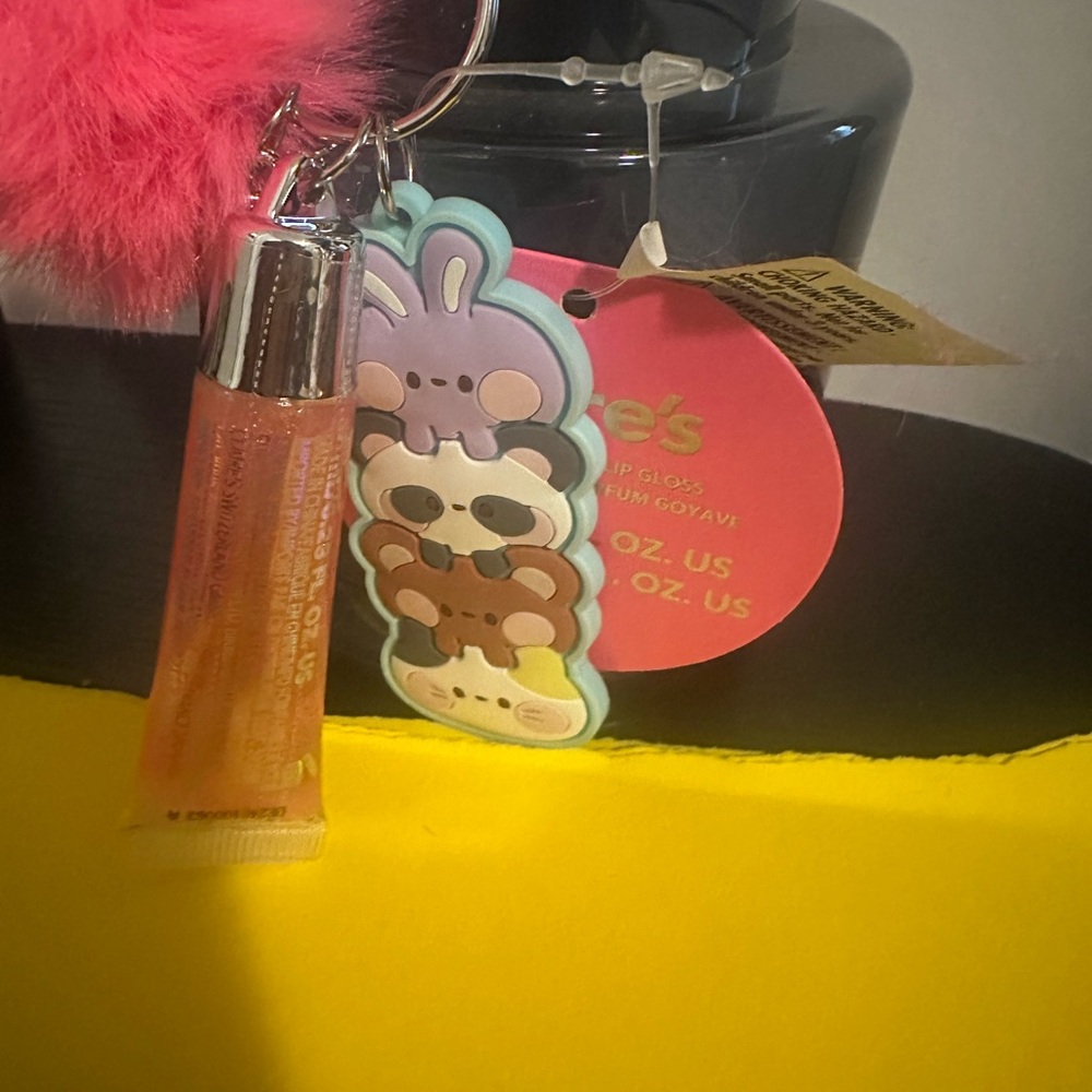 Cute Animal Keychain with Pink Pom Pom